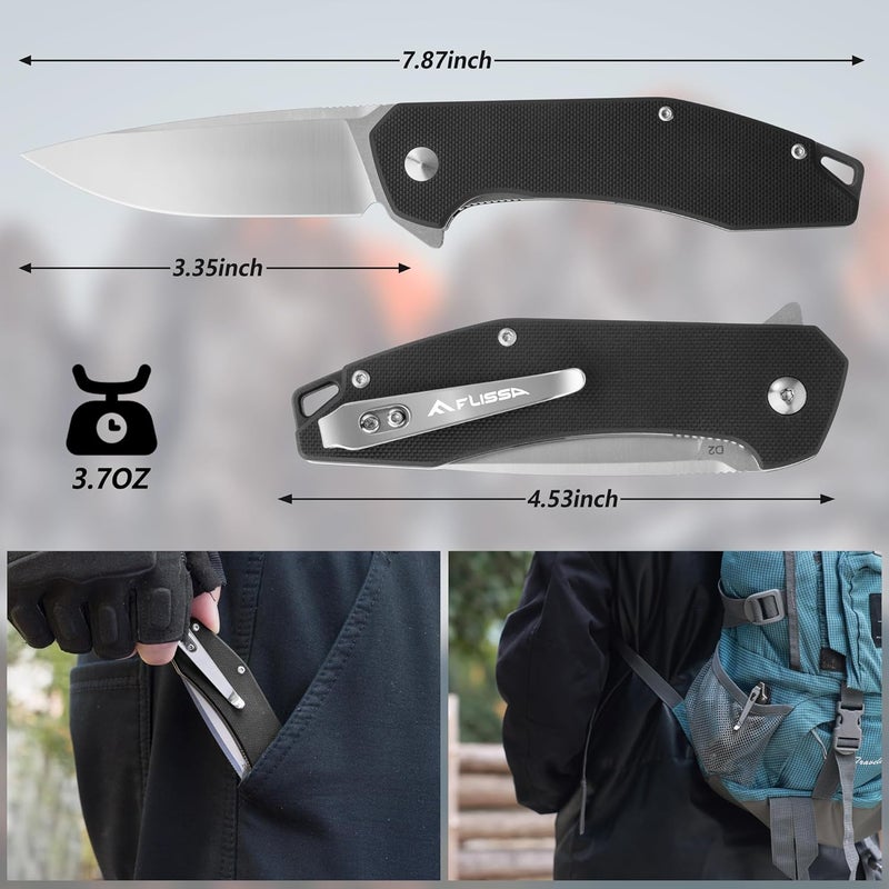 FLISSA Pocket Knife, Folding Tactical Knife with G10 Handle, D2 Blade, Liner Lock, Pocket Clip, EDC Knife for Hiking, Camping, Survival, Indoor and Outdoor Activities(Black) - Image 5